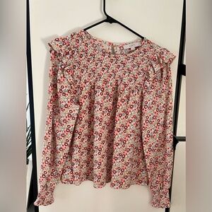 LOFT Floral Ruffle Blouse - Red and White